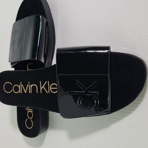 Calvin Klein Patten Leather Black Slide Sandals 8